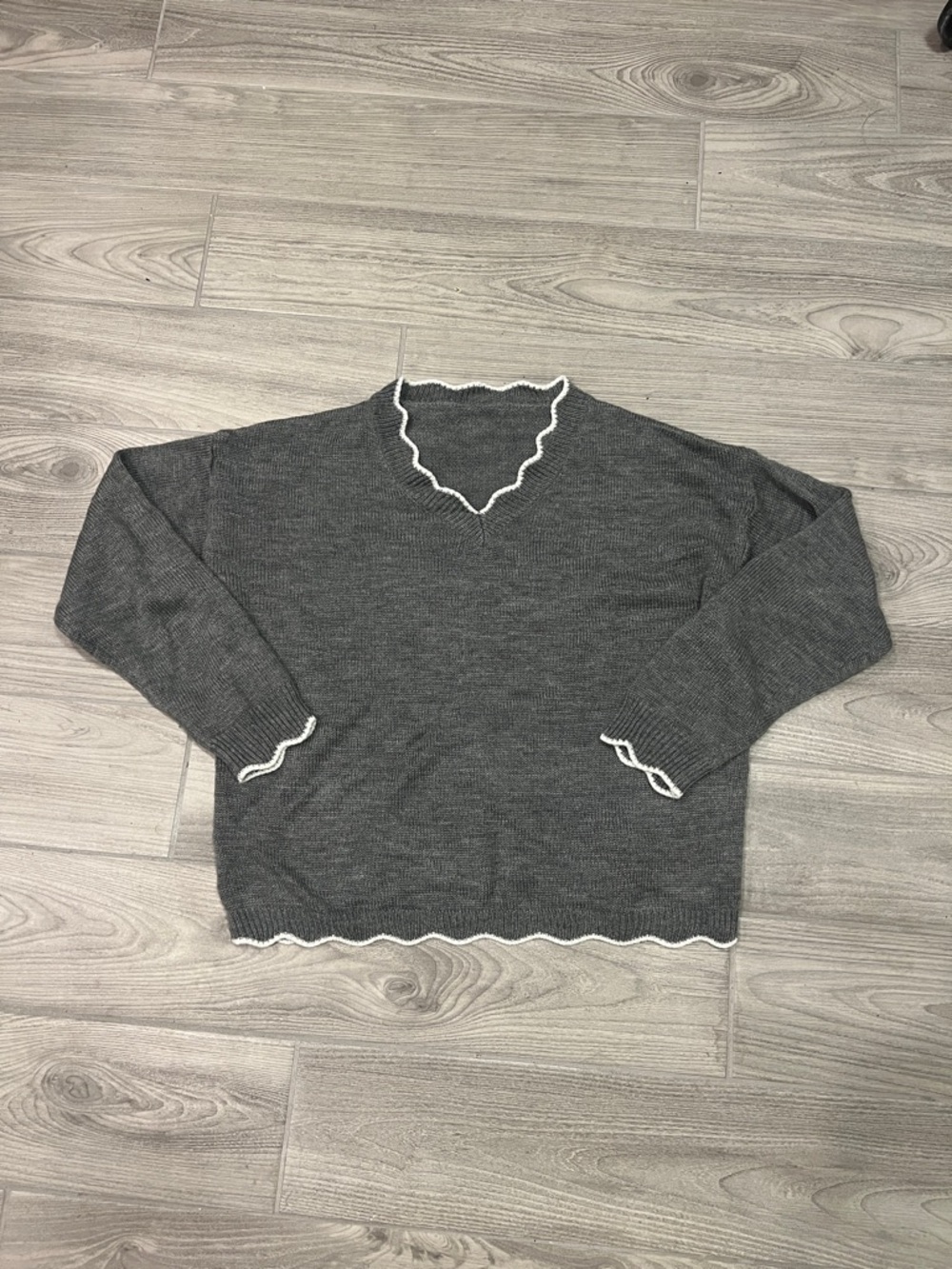 Women’s Gray V-Neck Sweater with White Trim